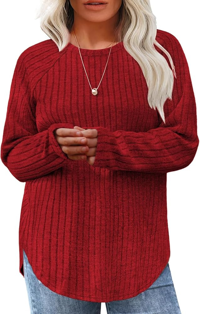 Eytino Plus Size Tops for Women Fall Soft Solid Crewneck Long Sleeve Knitted Pullover Blouses Shi... | Amazon (US)