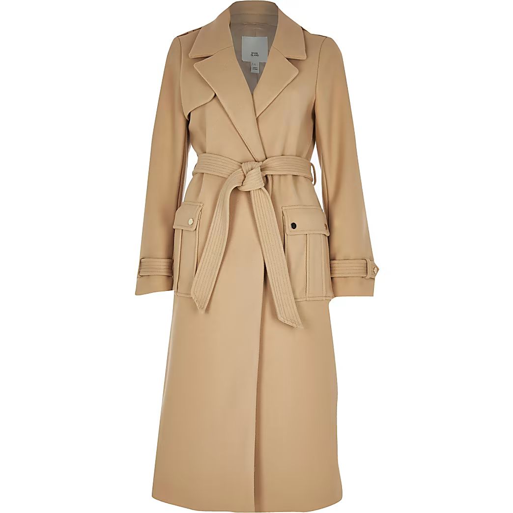 Camel utility long line belted coat | River Island (UK & IE)