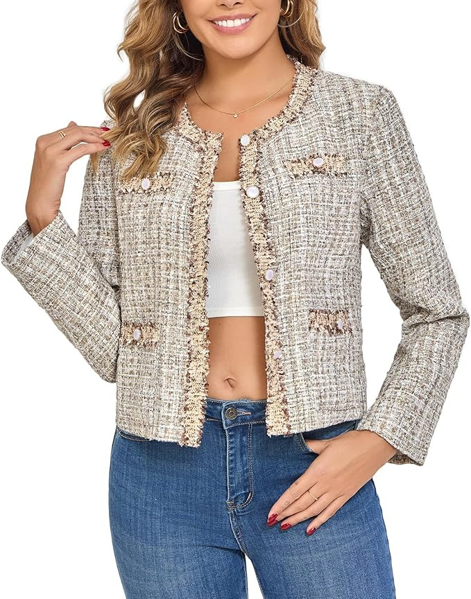 Xaspee Women's Tweed Blazers Cropped Long Sleeve Crewneck Open Front Lace Trim Lightweight Plaid ... | Amazon (US)