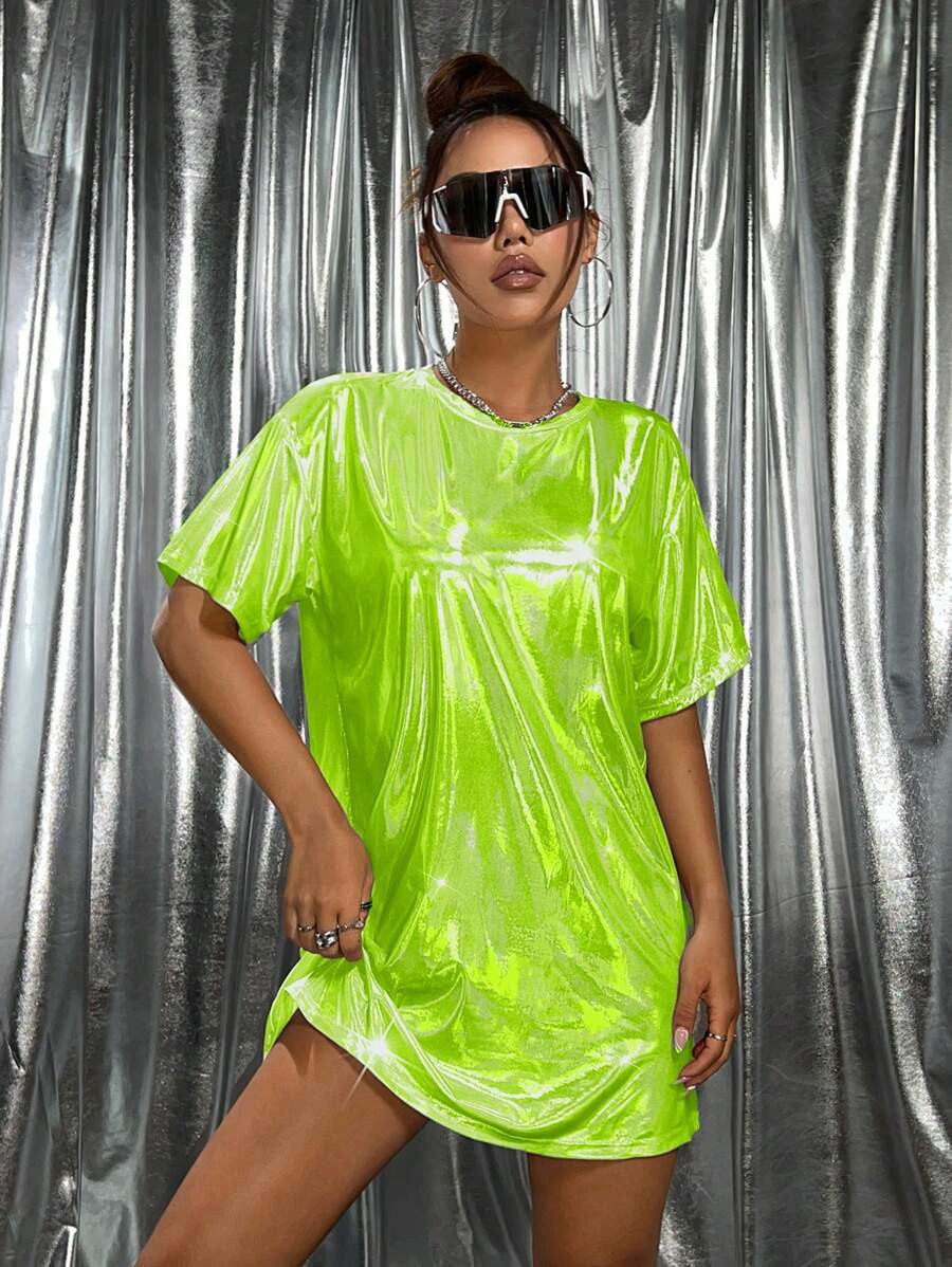 SHEIN ICON Women's Neon Green Oversized Polarized Coated T-Shirt Dress Summer Dresses For Women | SHEIN