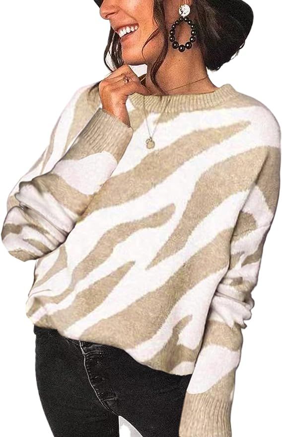 KIRUNDO Women's Sweaters Crew Neck Casual Long Sleeve Sweater Zebra Striped Print Color Block Kni... | Amazon (US)