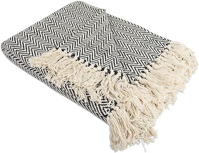 MOTINI 100% Cotton Decorative Throw Blankets Cozy Black and Beige Striped Hand-Knitted Blankets with | Amazon (US)