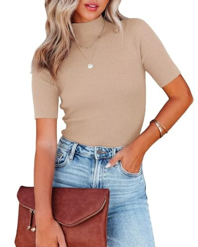 Lacozy Basic Tops for Women Mock Neck Slim Fitted Long Sleeve Pullovers Tee Tops Brown S | Amazon (US)