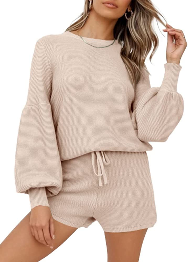imesrun Womens Knit Pajamas Sets Lantern Long Sleeve Top and Drawstring Shorts Sleepwear Loungewe... | Amazon (US)