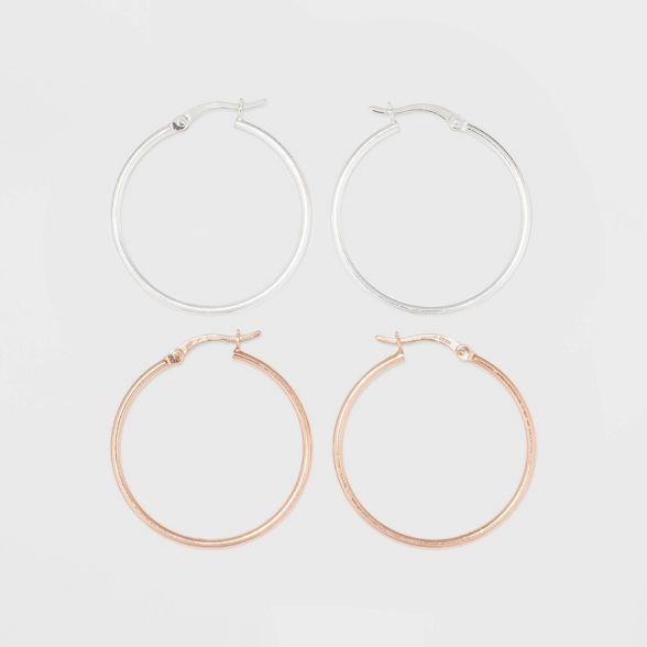 Two-Tone Sterling Silver Hoop Fine Jewelry Earring Set 2pc - A New Day™ Silver/Rose Gold | Target