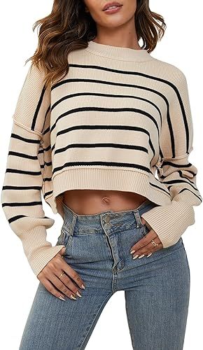 YKR Womens Striped Sweaters Cropped Crewneck Long Sleeve Side Slit Ribbed Knit Pullover Top 2023 | Amazon (US)