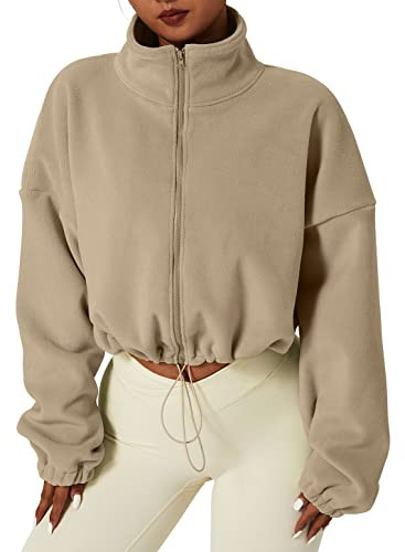 QINSEN Thick Fleece Sweatshirt Full Zip Stand Collar Winter Crop Coat Long Sleeve Baggy Bomber Jacket Camel L | Amazon (US)