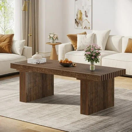 Tribesigns Rectangle Coffee Table, 47.24-Inch Wood Modern Coffee Table for Living Room, Farmhouse Coffee Table Center Table with Slat Tabletop, Brown | Walmart (US)