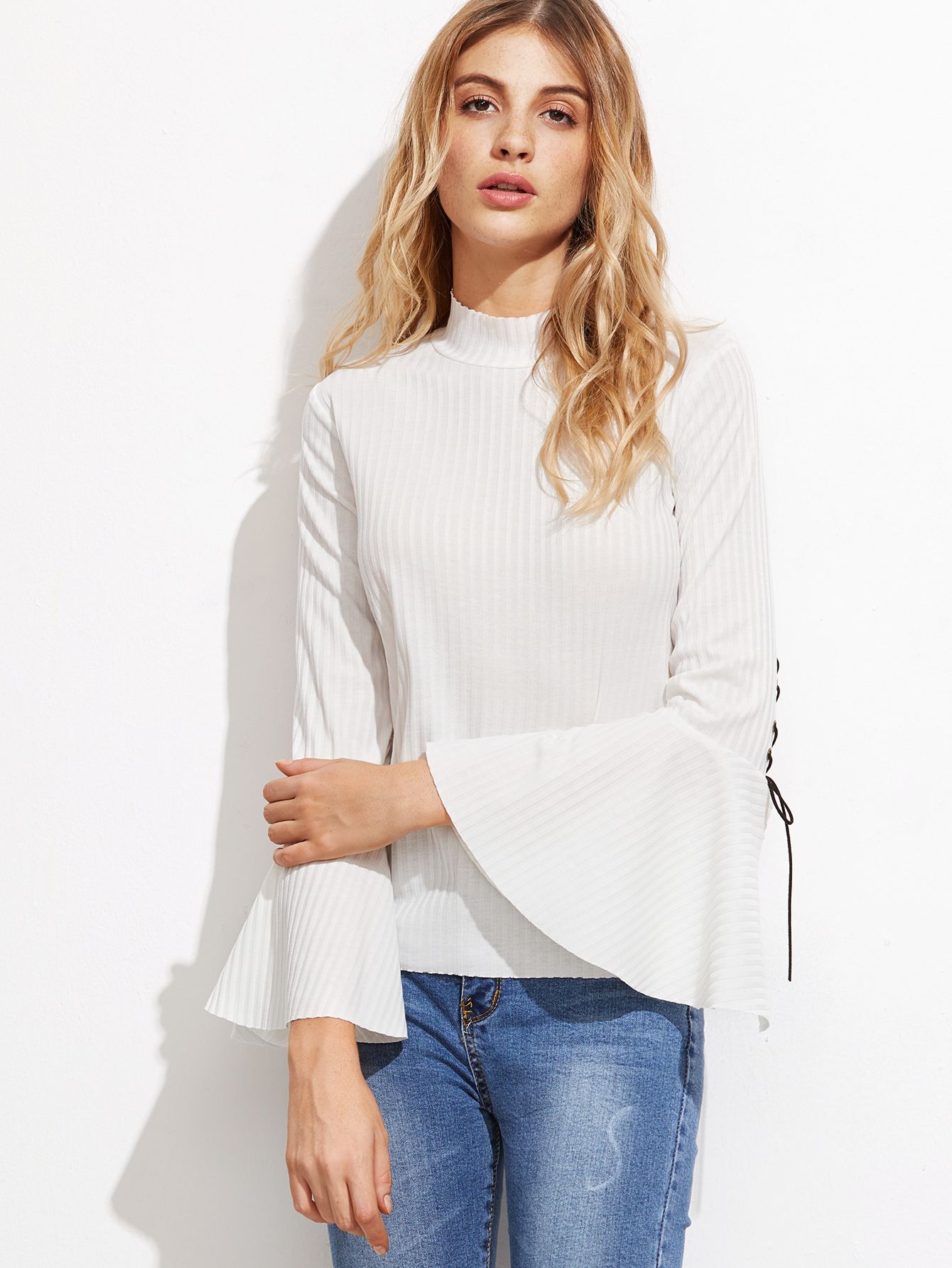 White Mock Neck Bell Sleeve Eyelet Lace Up T | SHEIN