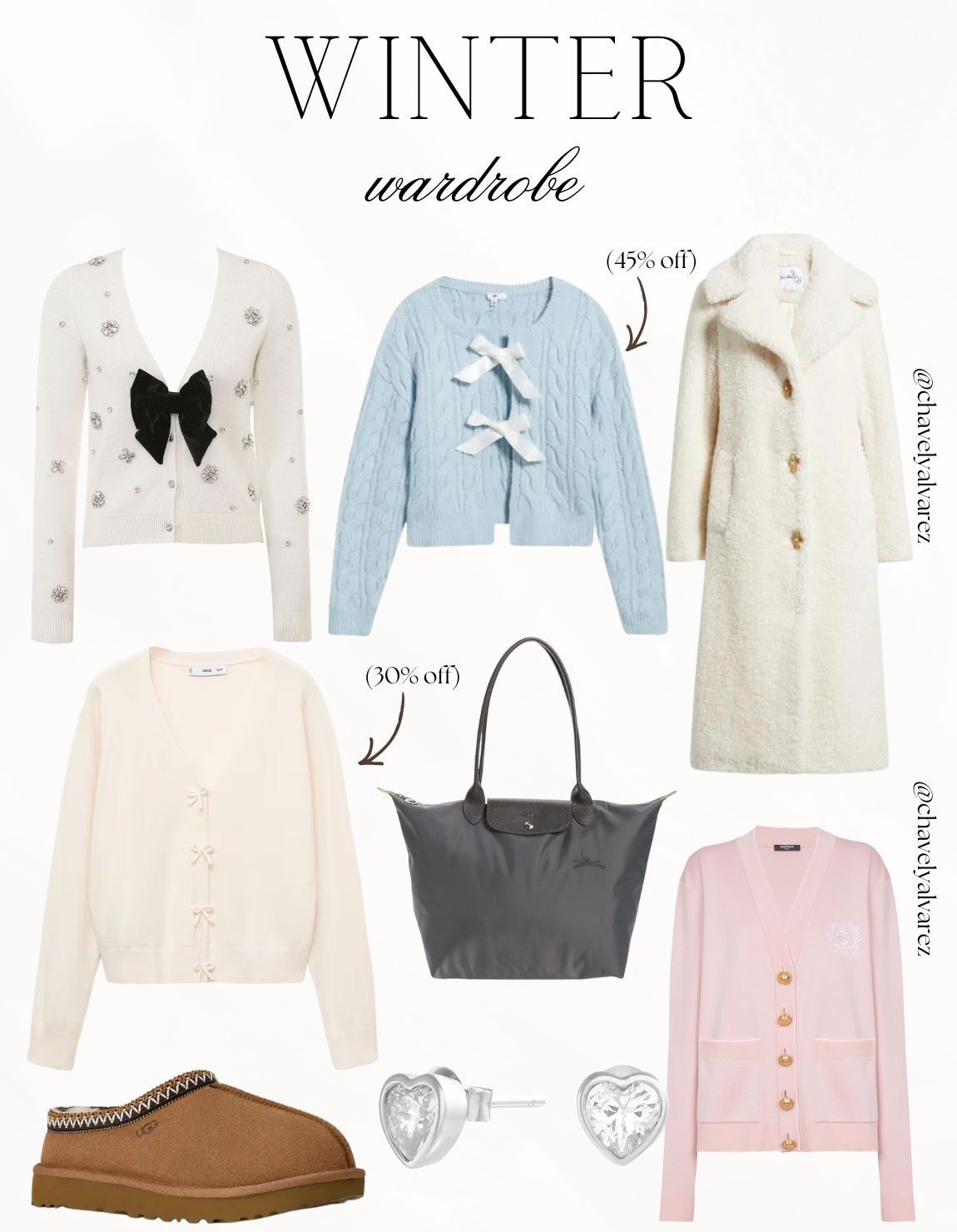 WINTER WARDROBE: Coquette Knits, Bow Details, & Luxe Layers! ❄️

Elevate your seasonal aesthetic with this perfectly balanced collection of winter essentials from Nordstrom!

We are obsessed with the feminine statement pieces: from the cream embellished cardigan featuring a bold black velvet bow to the dreamy sky blue cable knit adorned with dainty white satin ribbon ties. Balance the soft knits with elevated classics like the long ivory teddy coat or a chic pink button-down cardigan with gold crest accents. Finish your look with timeless accessories: a versatile grey Longchamp tote, cozy chestnut Ugg platform slippers, and sparkling heart-shaped stud earrings for a touch of polished, winter glam!

#WinterWardrobe
#NordstromFinds
#NordstromStyle
#CoquetteAesthetic
#BowTrend
#UggSeason
#KnitwearStyle
#WinterOutfits
#Longchamp
#TeddyCoat
#FeminineStyle
#EverydayChic
#LTKStyle
#HolidayStyle
#StylingInspo


#LTKSaleAlert #LTKSeasonal #LTKootd