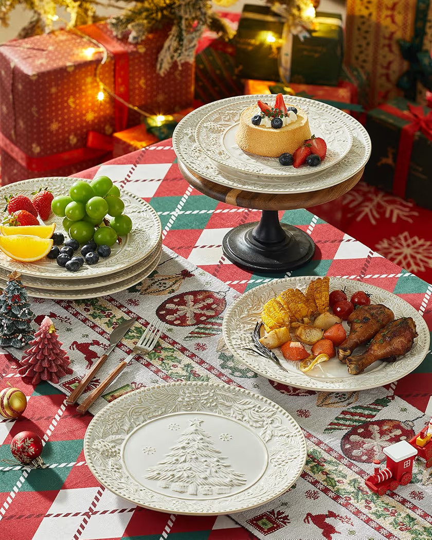 Cream White Christmas Tree Dinner Plates, 10.5 Inch Ceramic Serving Plates, Serving Dish Set, Dis... | Amazon (US)