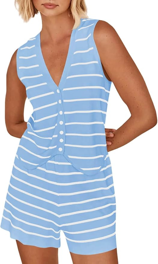 Imily Bela Womens 2 Piece Outfits Summer Striped Casual Lounge Sets Knit Sleeveless V Neck Tops S... | Amazon (US)