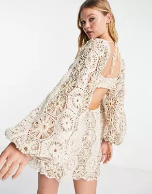 ASOS DESIGN embellished crochet milkmaid mini dress with blouson sleeve in stone | ASOS (Global)