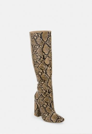 Missguided - Beige Snake Print Calf Height Heeled Boots | Missguided (US & CA)