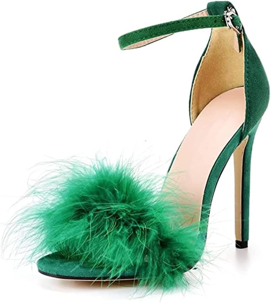 YIBLBOX Women's Feather Heels Open Toe Sandal Fluffy Fur High Heel Shoes Ankle Strap Stiletto Pum... | Amazon (US)