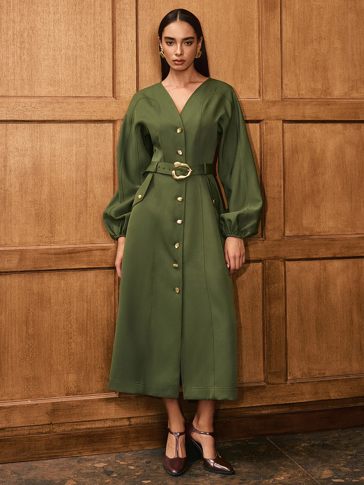 V-Neck Balloon Sleeve Belted Button-Front Dress | Commense