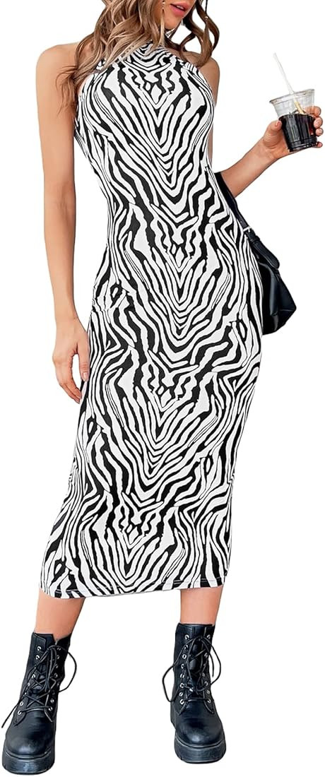 WDIRARA Women's Halter Sleeveless Zebra Print Elegant Casual Bodycon Long Dress | Amazon (US)