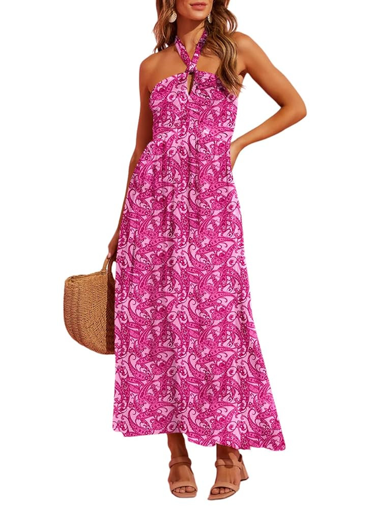 Dokotoo Women's Summer Dresses Halter Neck Sleeveless Backless Flowy A Line Boho Maxi Dress | Amazon (US)