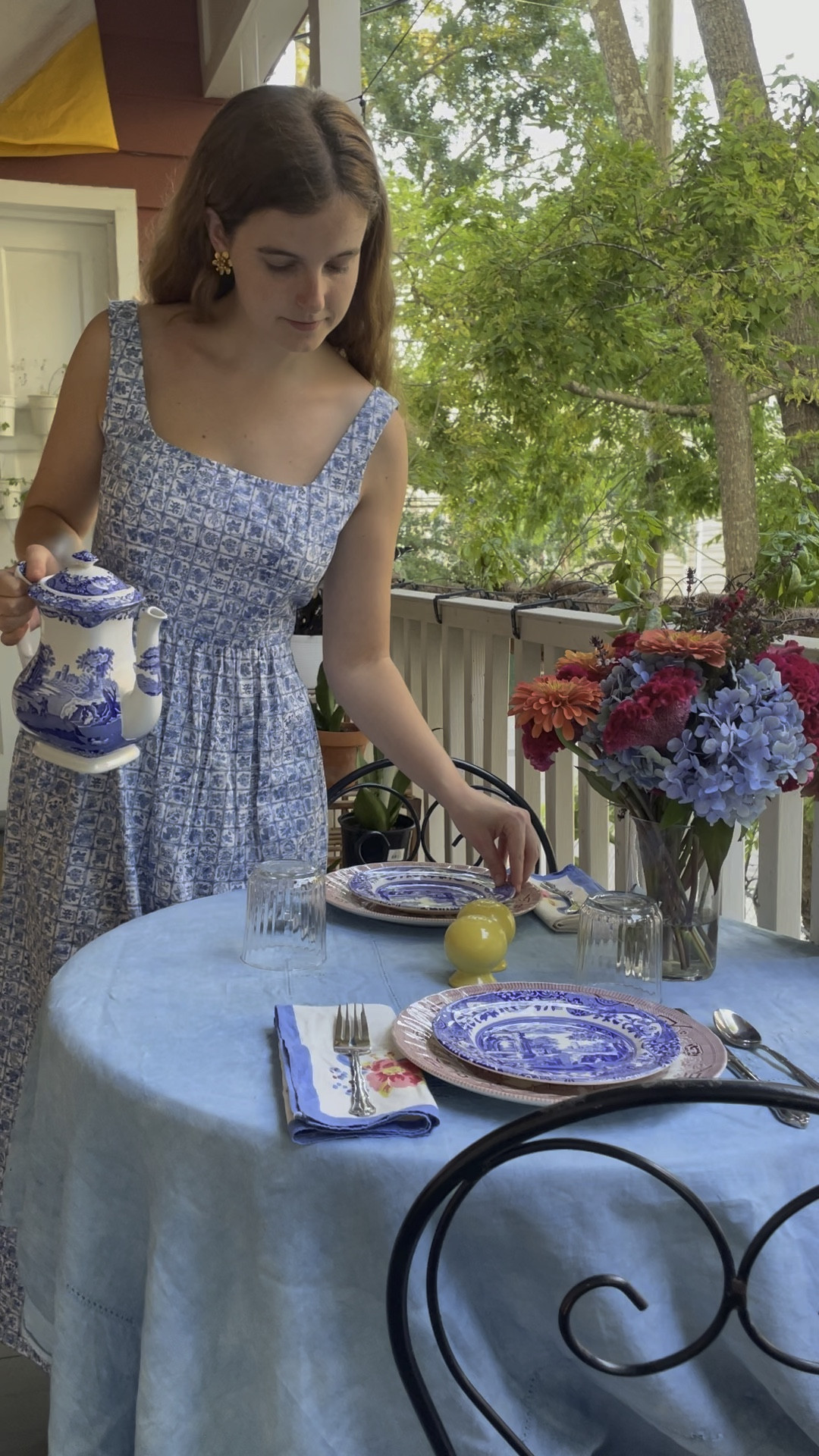 Red, white, and blue tablescape and outfit for the 4th🫶🏻🇺🇸 these Spode pieces were wedding gifts I treasure so greatly—they’re classic bone china but microwave and dishwasher safe! And this dress from Willard Road is to die for—the softest, lightest cotton in a beautiful pattern that highlights the Victorian “Language of Flowers” tradition. The fit is so beautifully tailored—wearing my normal size! / summer / table / tablescape / home / natural fibers / grandmillenial / traditional / classic / preppy / blue and white / chinoiserie / toile 

#LTKHome #LTKVideo #LTKSummerSales