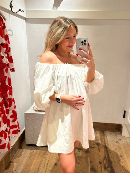 Mare Mare puff sleeve off shoulder dress - SO soft, the material on this is amazing! Have only seen white in store - but I plan on getting the black online! Runs big, I’m wearing an XXS. Flirty, fun, romantic, bump friendly. The white would be such a cute bridal look or dress rehearsal dress! 

#LTKSeasonal #LTKbump #LTKwedding
