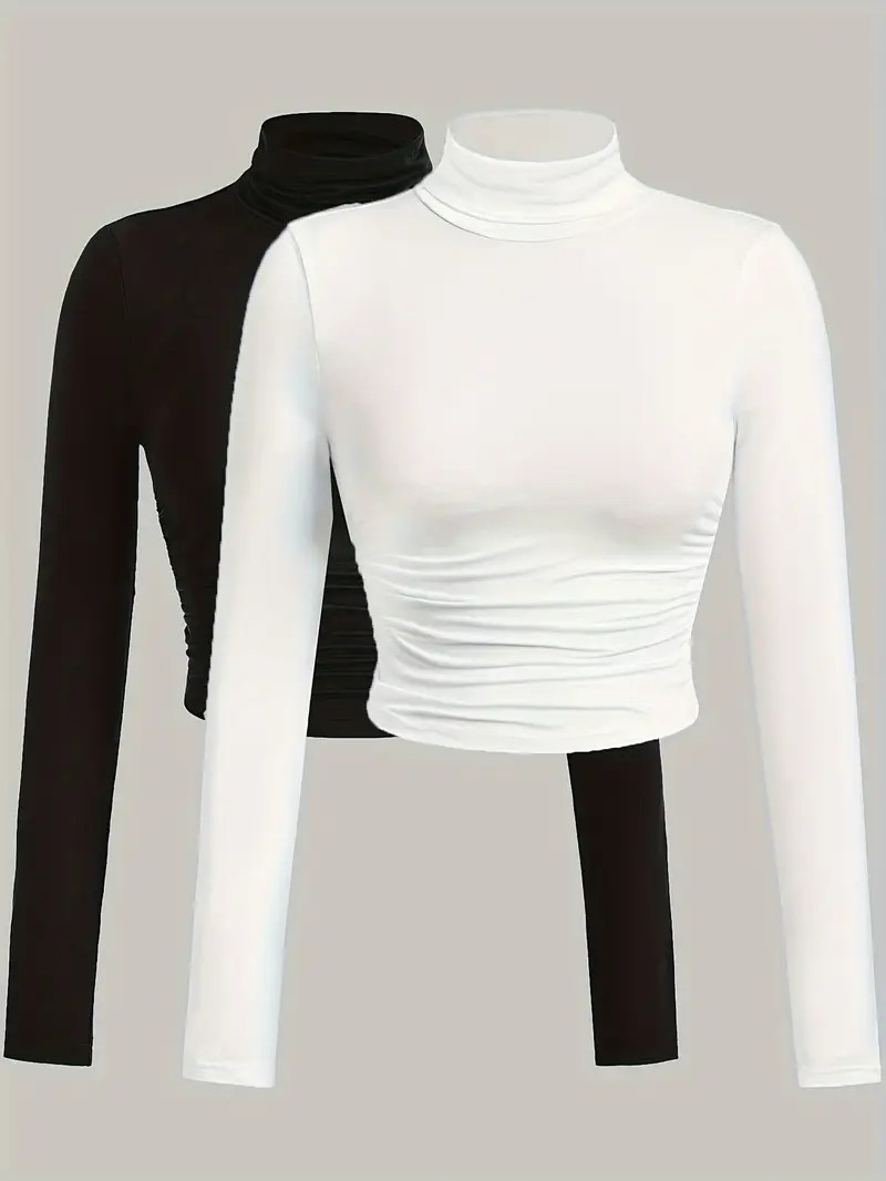 Solid Color Ruched T shirt Casual Long Sleeve Mock Neck Crop - Temu | Temu Affiliate Program