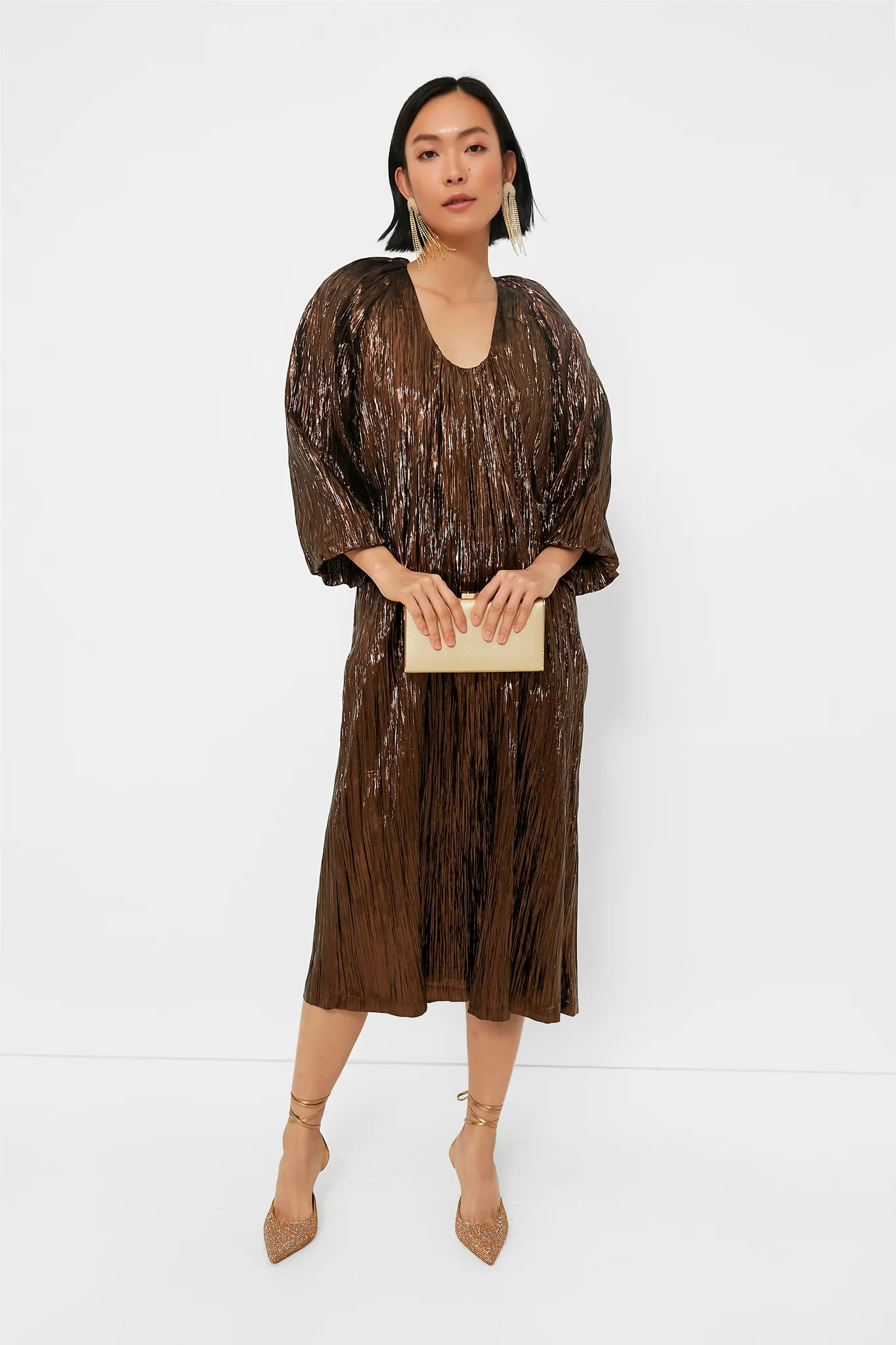 Bronze Metallic Plisse Dorinda Midi Dress | Tuckernuck (US)