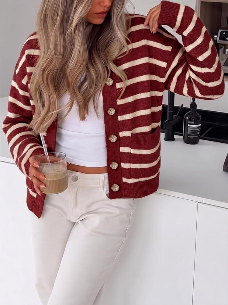 Cicy Bell Womens Striped Fall Cardigan Button Down Long Sleeve Knit Sweater | Amazon (US)