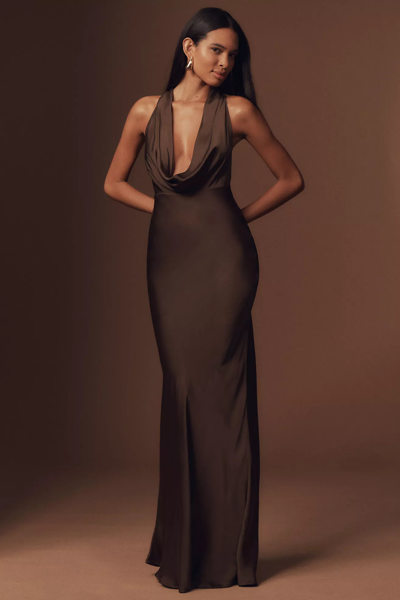 SAU LEE Pearl Satin Plunging Cowl Neck Bias-Cut Sheath Maxi Dress | Anthropologie (US)