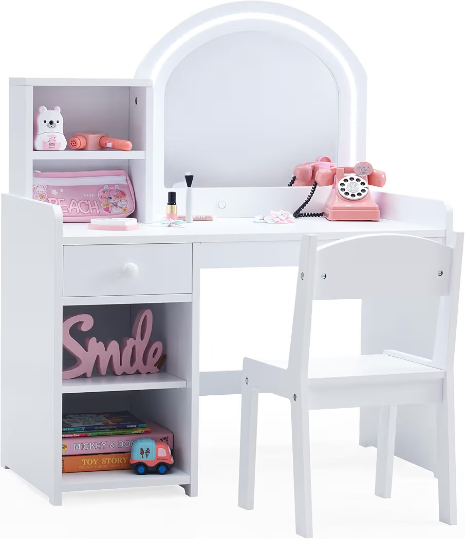 Kids Vanity with Lights, Princess Vanity Set with Drawer and Storage Shelves, 2 in 1 Toddler Make... | Amazon (US)