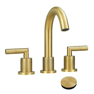 Modern 8 in. Widespread 2-Handle High Arc Bathroom Sink Basin Faucet with 3-Hole 360-Degree Swivel Spout in Brushed Gold | The Home Depot