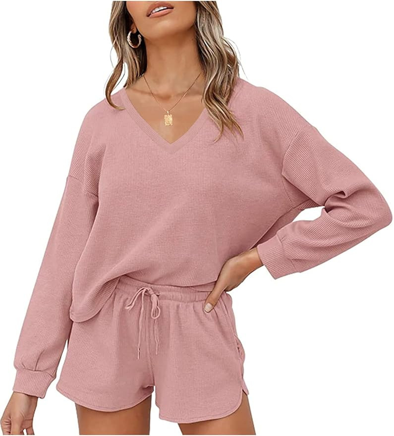 MEROKEETY Women's Long Sleeve Waffle Lounge Sets V Neck Top and Shorts 2 Piece Pajama Set Pockets... | Amazon (US)
