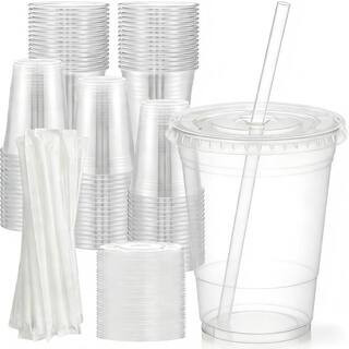 16 oz. Clear Neutral Plastic Disposable Beverage Mugs (Set of 100) with Lids and Straws, Food Safe Leak Free for Drinks | The Home Depot