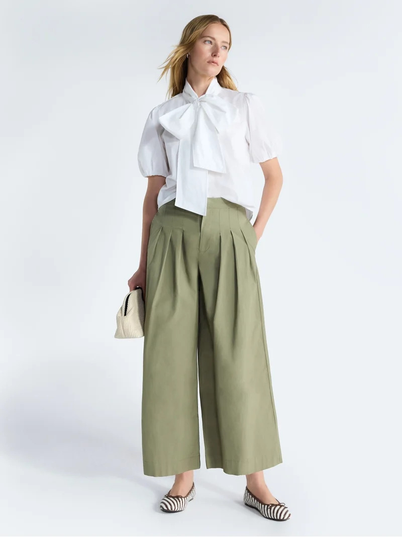 Free Assembly Women's Cotton Bow Blouse with Short Puff Sleeves, Sizes XS-XXL | Walmart (US)