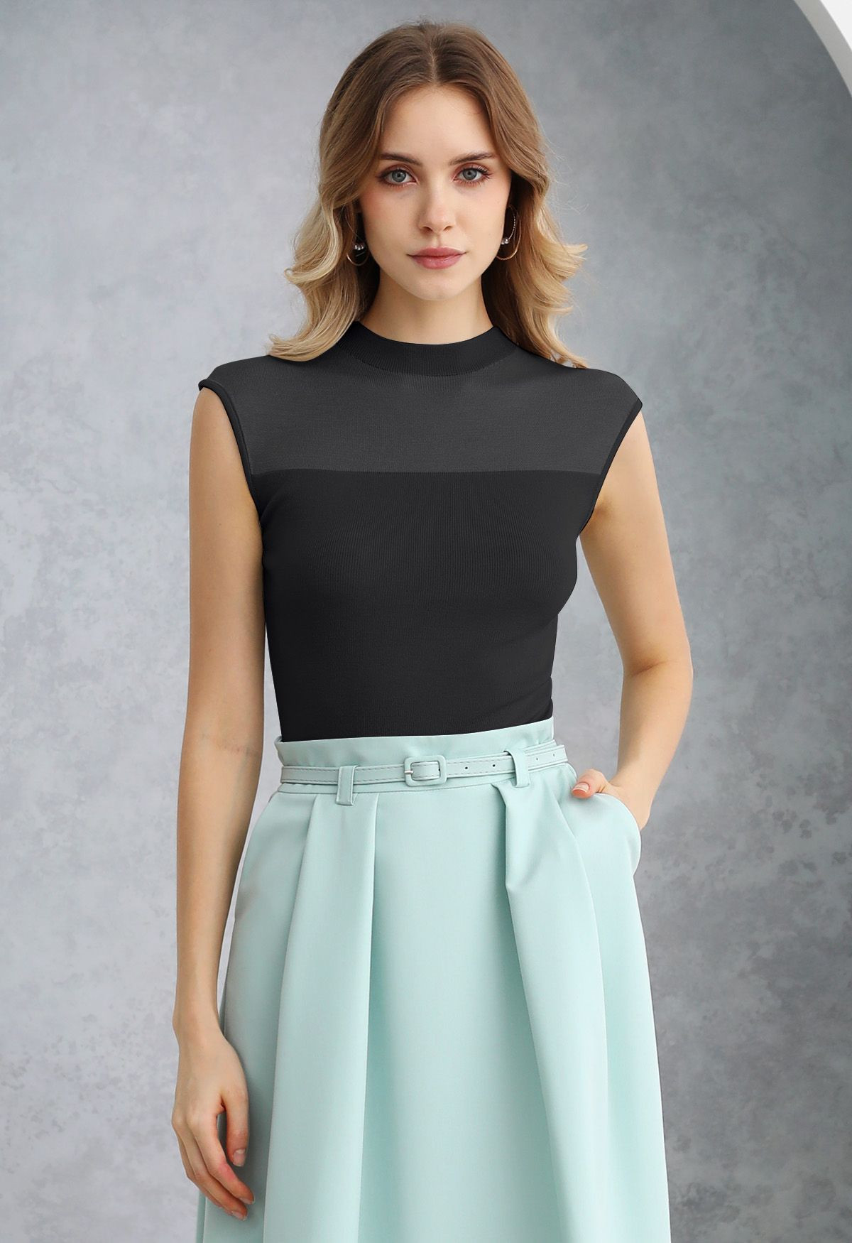 Mock Neck Sleeveless Slim Fit Knit Top in Black | Chicwish