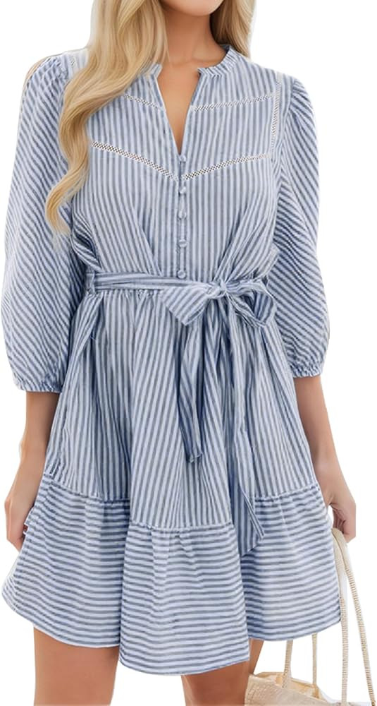 ECOWISH Women Striped Shirts Dress: Casual V Neck Button Down 3/4 Sleeve Belted Ruffle Flowy Midi... | Amazon (US)