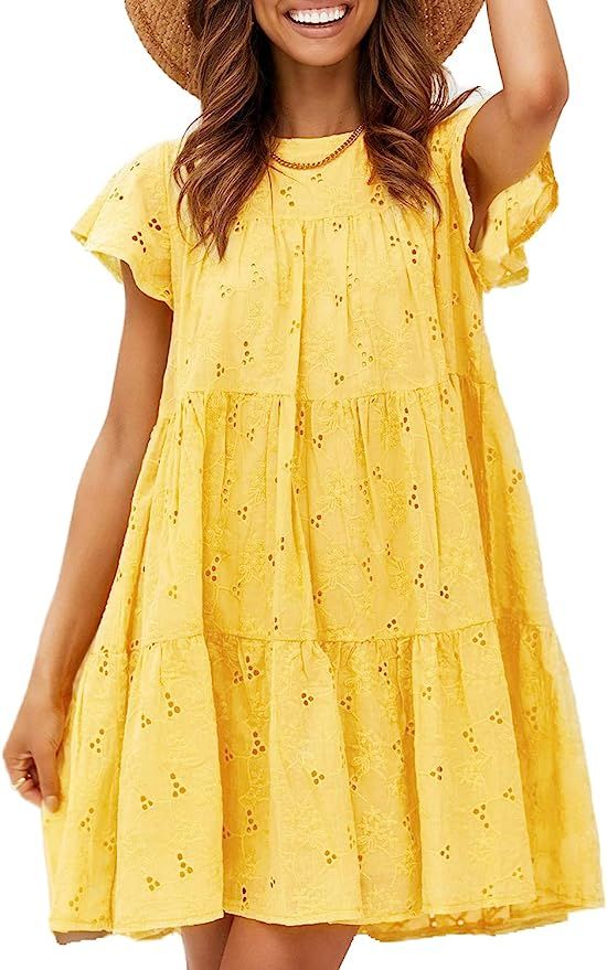 Amegoya Women Summer Tunic Dress Eyelet Casual Loose Flowy Swing Mini Dresses | Amazon (US)