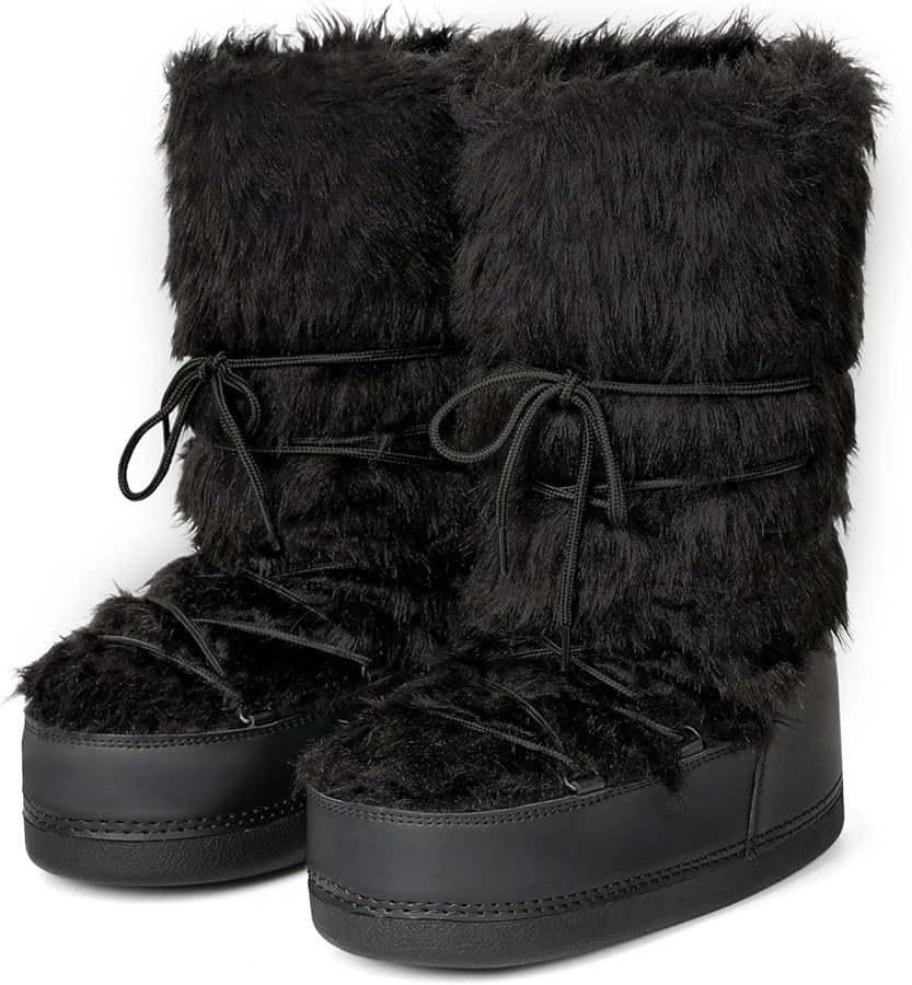Women's Faux Fur Boots Furry Snow Boots for Women Mid Calf Winter Boot Black White Fluffy Boot Fu... | Amazon (US)