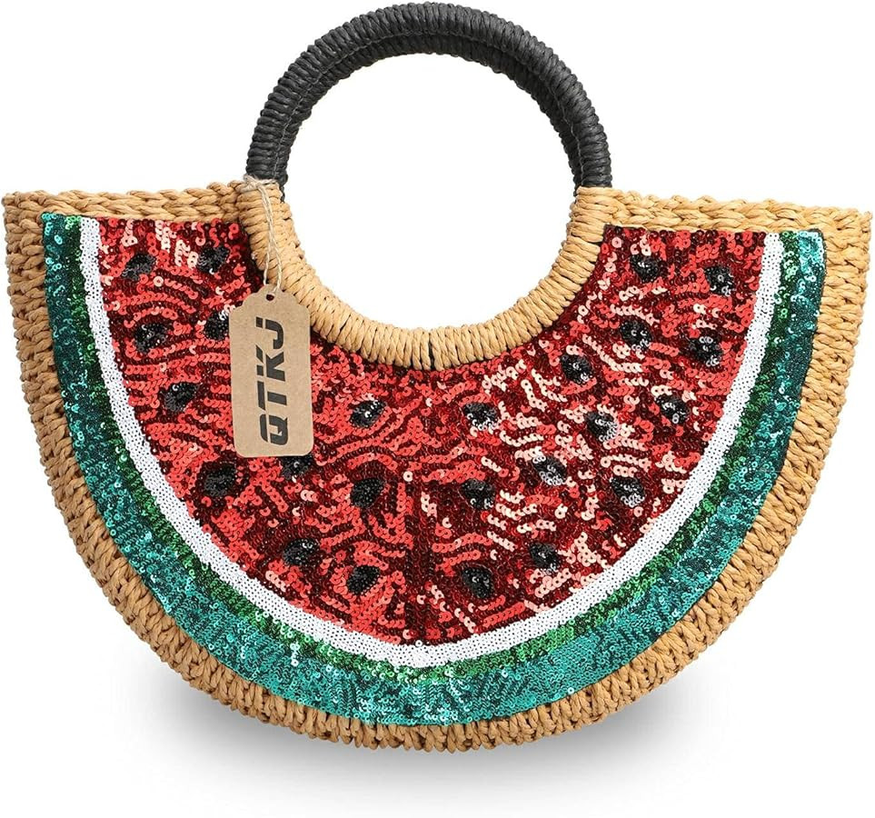 Semi-circle Rattan Straw Handbags, Hand-woven Summer Watermelon Beach Straw Bag with Sequin for W... | Amazon (US)