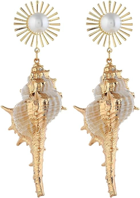 Bohemian Seashell Conch Earrings - Beach Shell Long Dangle for Women - Baroque Pearl Summer Boho ... | Amazon (US)