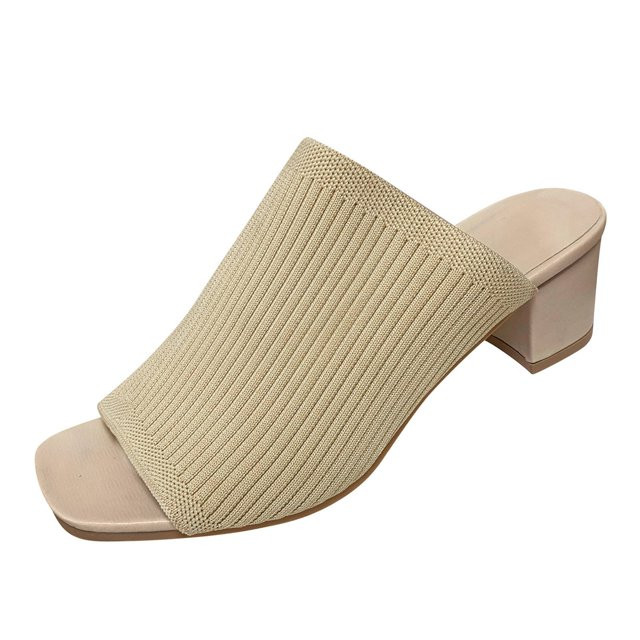 GYUJNB Knit Heeled Sandals Thick Low Block Heel Mules for Women Square Toe Heels Slip On Breathab... | Walmart (US)