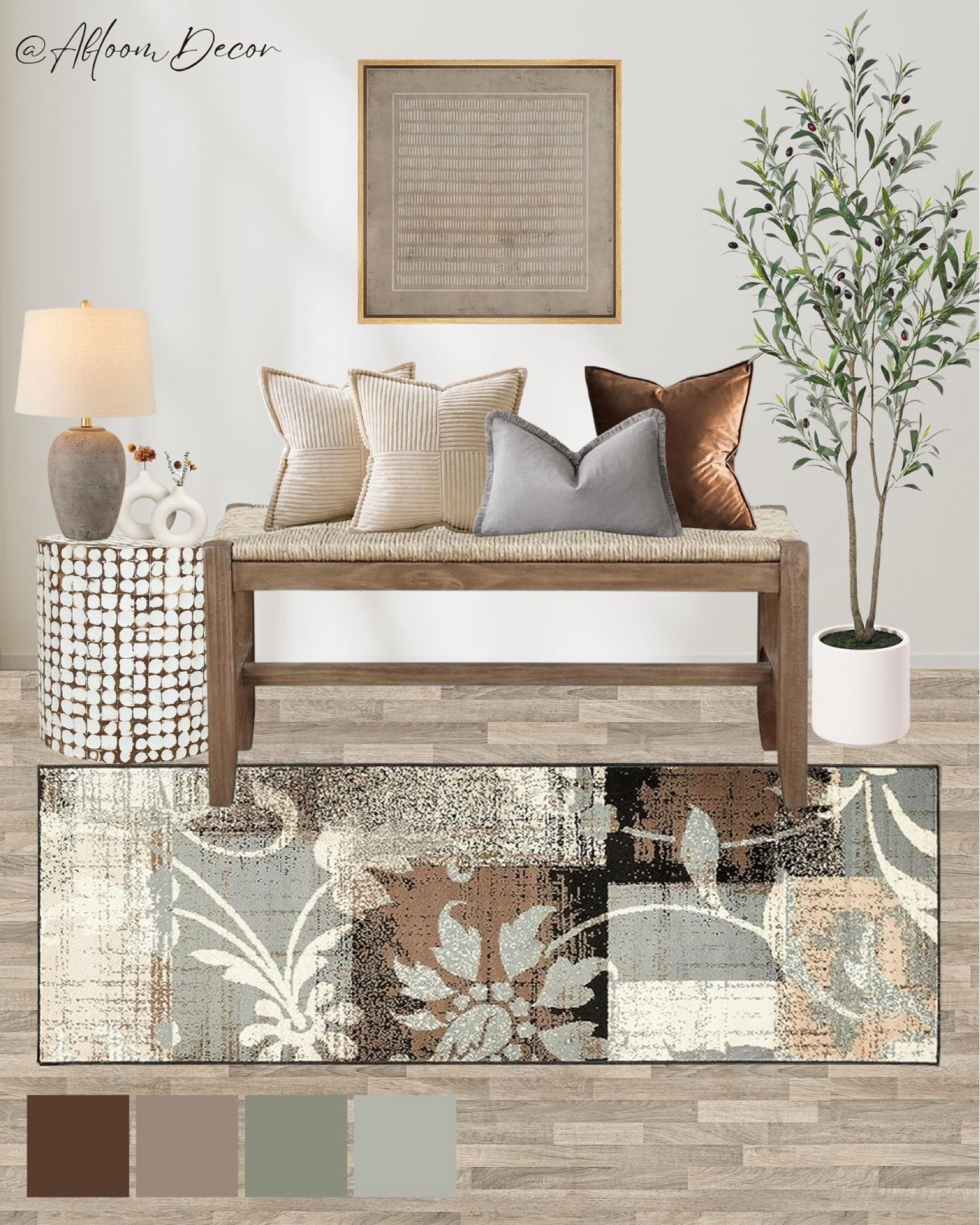 This earthy-toned entryway combines a rustic bench topped with textured pillows in shades of cream, gray, and brown, creating a cozy seating spot.

#LTKHome