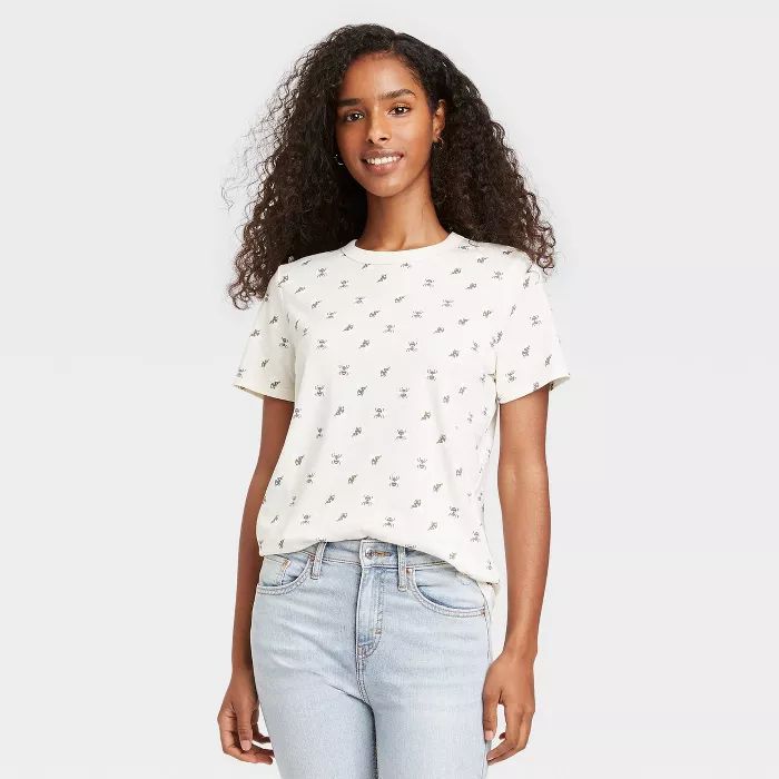 Women's Bee Print Short Sleeve Graphic T-Shirt - Off-White | Target