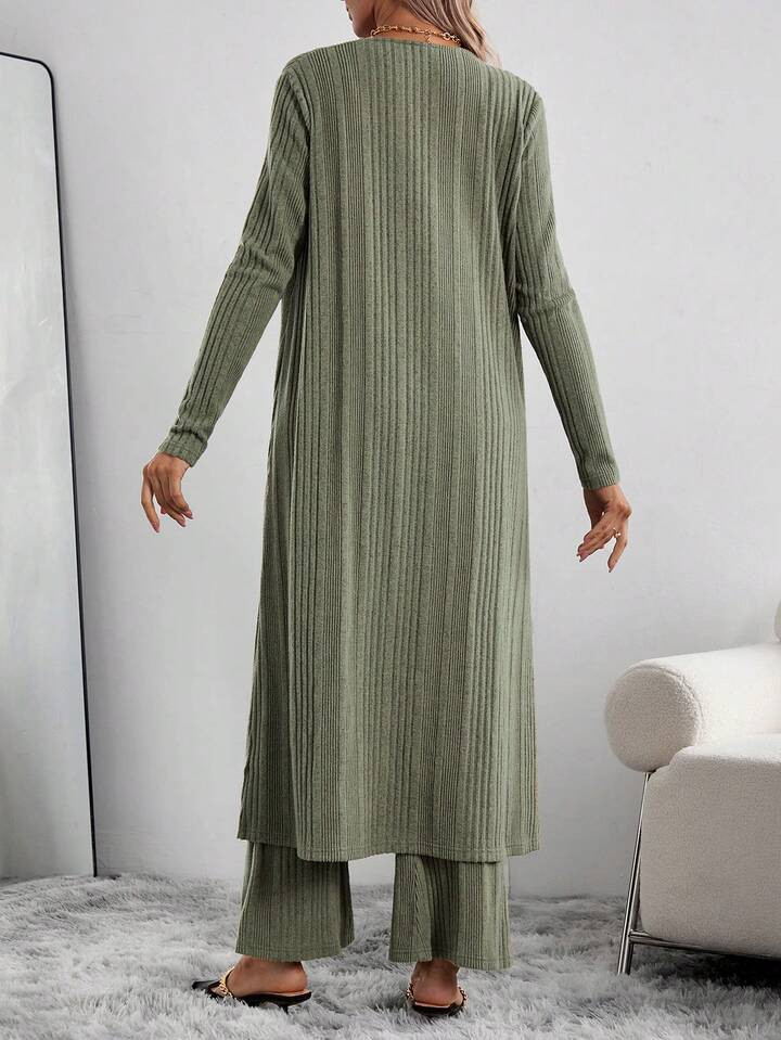 SHEIN Maternity Solid Color Ribbed Tank Top & Adjustable Waist Pants & Cardigan | SHEIN