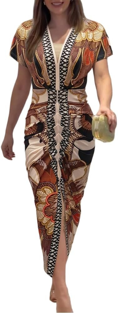 CHICME Summer Dresses for Women Floral Print Plunge V Neck Midi Dress Casual Ruched Slit Bodycon ... | Amazon (US)