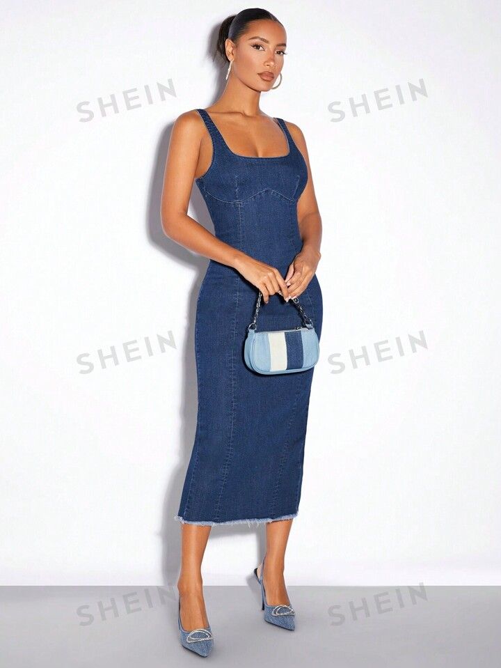 SHEIN BAE Sexy Tight-fitting Denim Dress With Frayed Hem And Split Design For Women | SHEIN