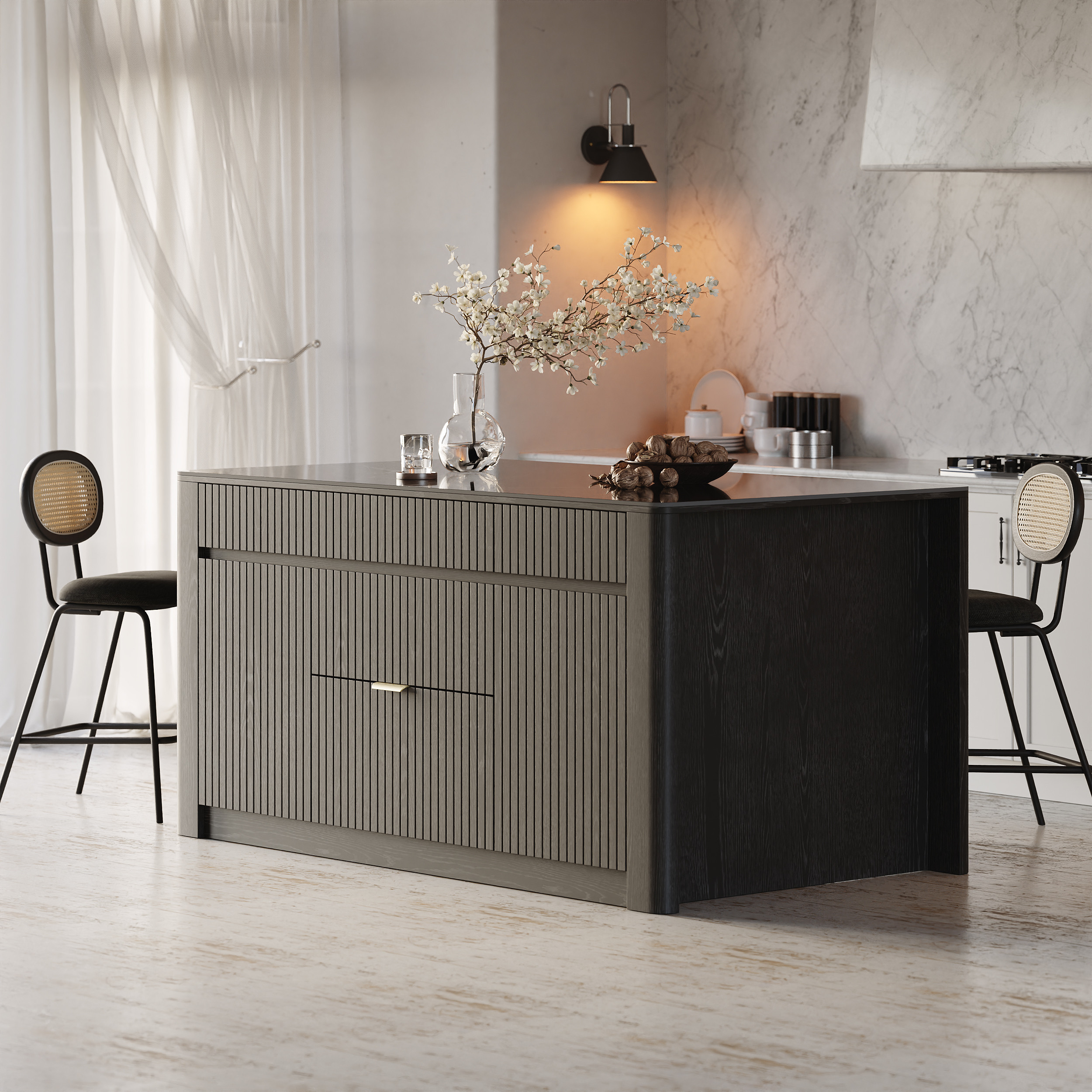72" Kitchen Island Sintered Stone Top with Storage Black Modern | Homary