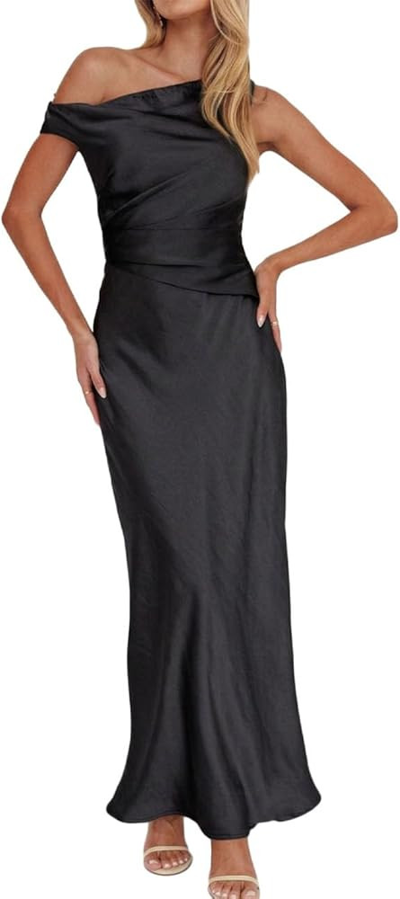 Gmeitoey Women's Summer Elegant Satin Off Shoulder Sleeveless Maxi Dress Formal Cocktail Wedding ... | Amazon (US)