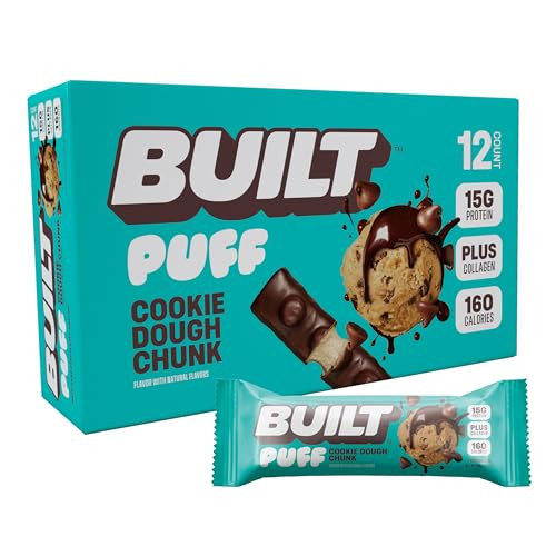 BUILT Puff Protein Bars, Cookie Dough Chunk Puff, High Protein Bars, 15g High Protein Snacks, On-The-Go Bars, only 160 Calories, 8g Sugar, Collagen, Not Gluten Free, 12 Count | Amazon (US)