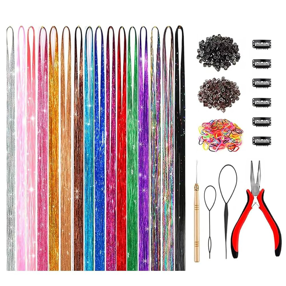 Hair Tinsel Kit (48 Inch,16 Colors,3200 strands), Tinsel Hair Extensions with Tools，Heat Resist... | Amazon (US)