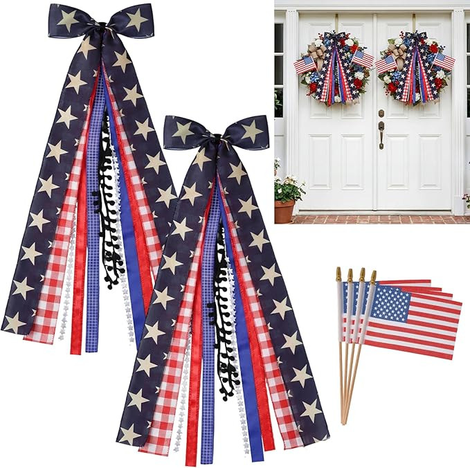 6 Pcs Large Patriotic Ribbon Bows with Small American Flags on Stick Red White Blue 4th of July W... | Amazon (US)